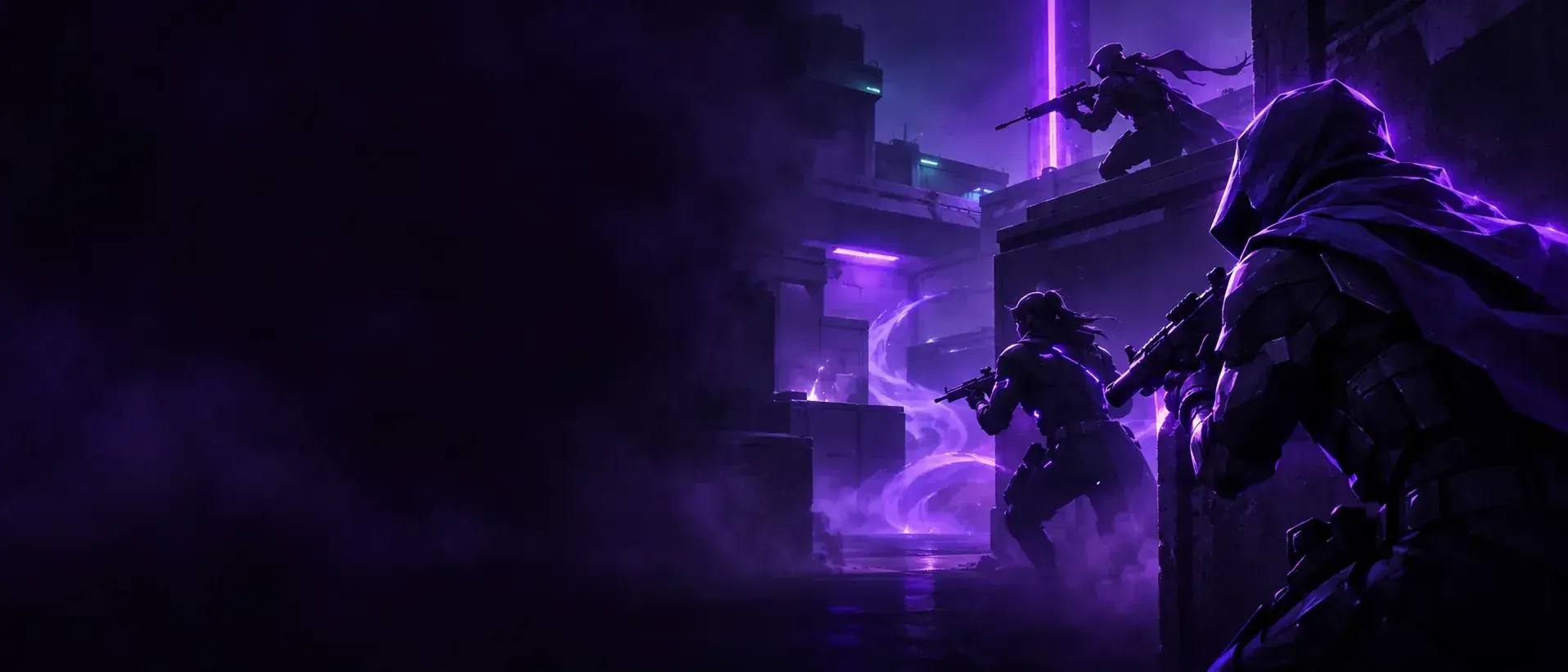 Wide violet and magenta tactical banner with anonymous agent silhouettes and soft map glow, dark on the left for site copy.